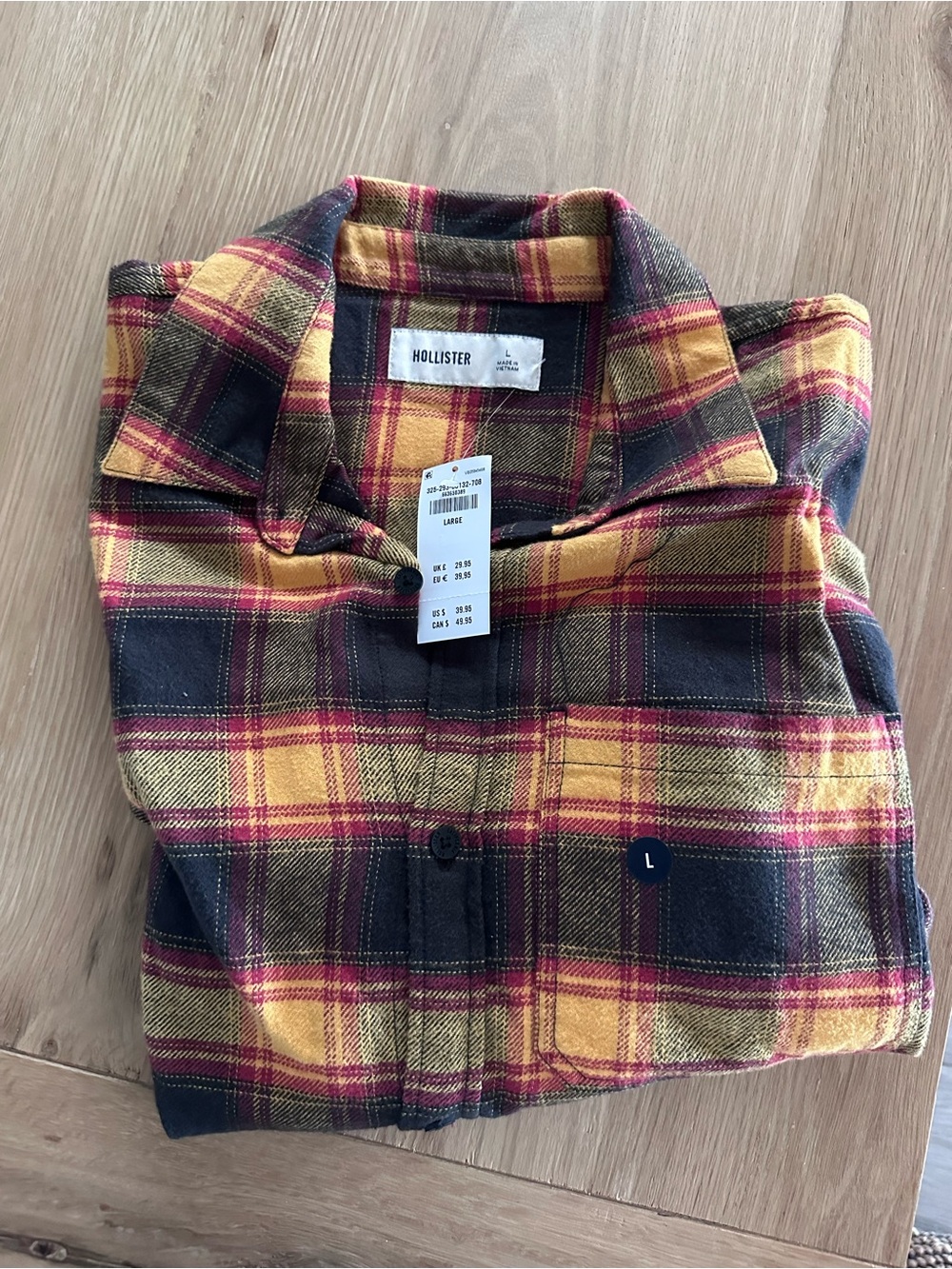Hollister Yellow, Burgundy & Black Plaid Button-Up Shirt